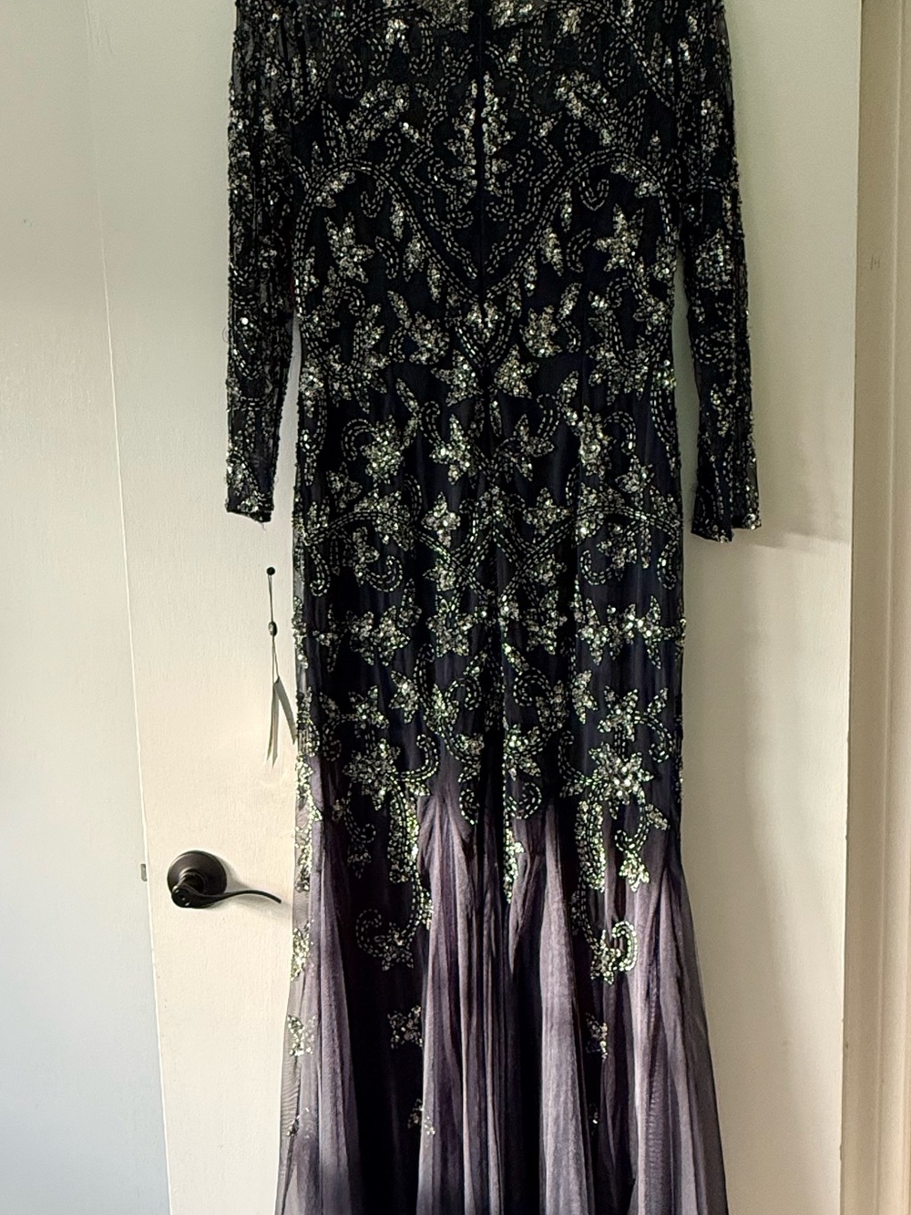 Adrianna Papell Black Evening Maxi Dress with Silver-Green Sequin Detail
